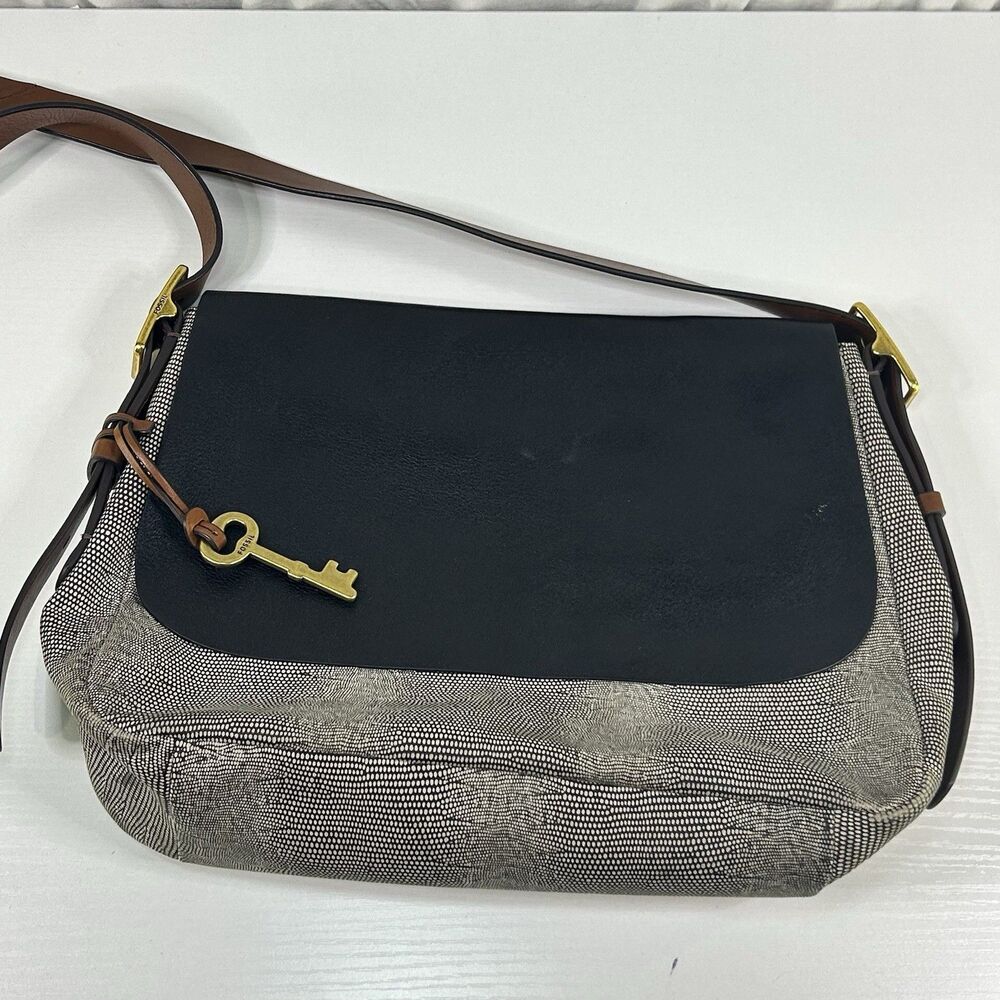 Fossil Harper black & brown Leather Crossbody Bag Purse faux snake print